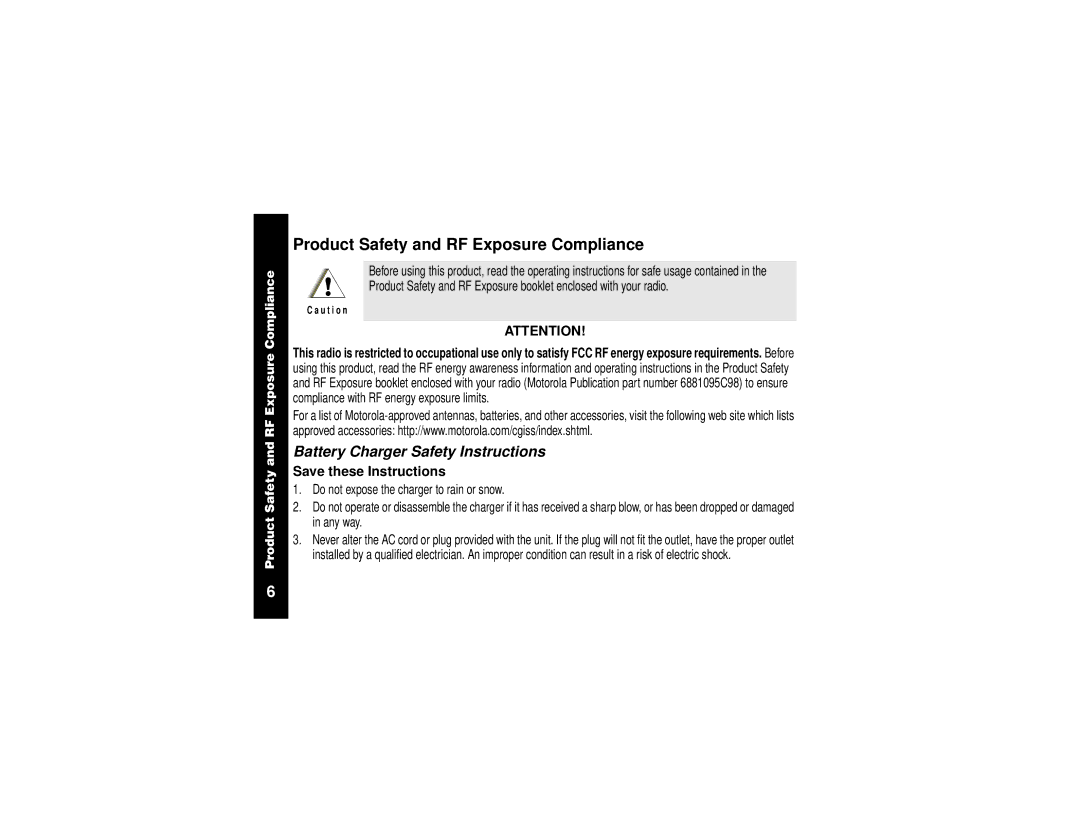 Motorola VL50 manual Product Safety and RF Exposure Compliance, Battery Charger Safety Instructions 