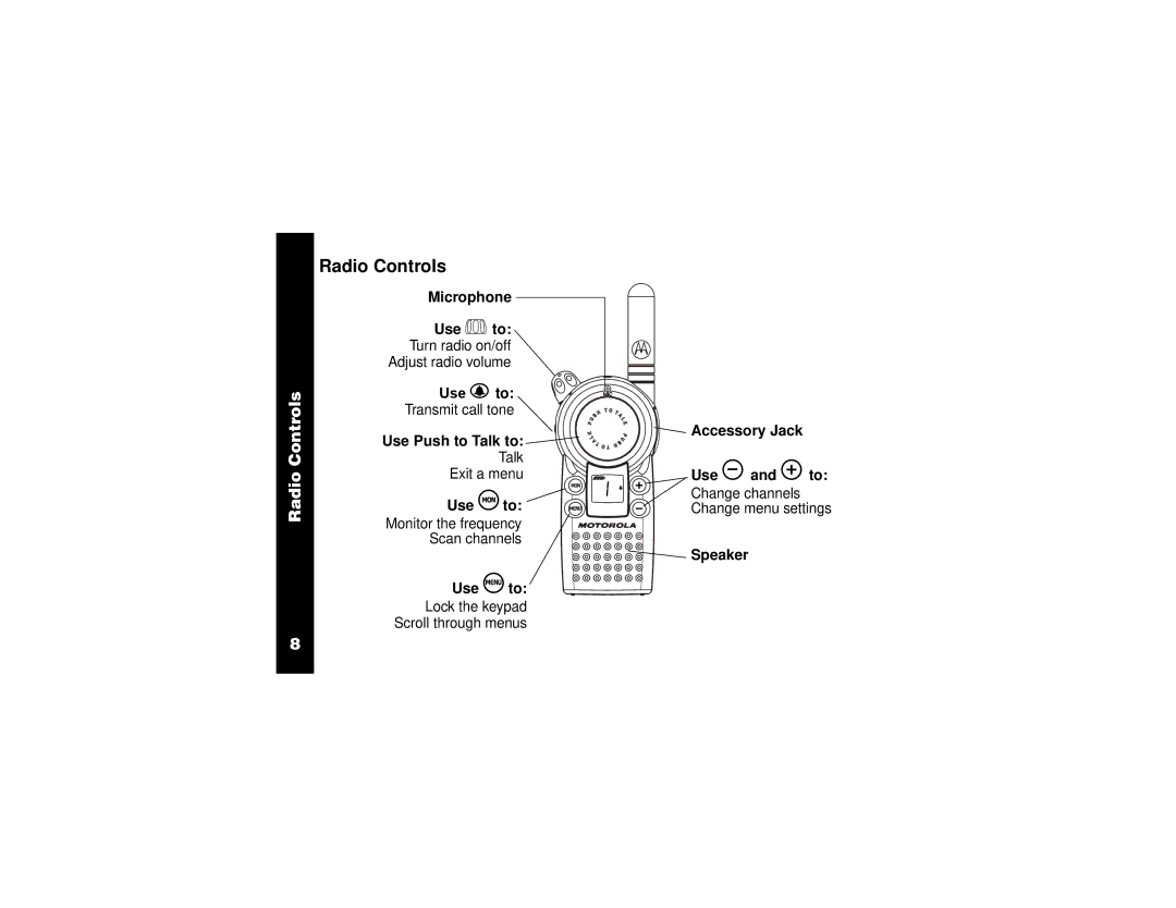 Motorola VL50 manual Radio Controls, Scroll through menus 