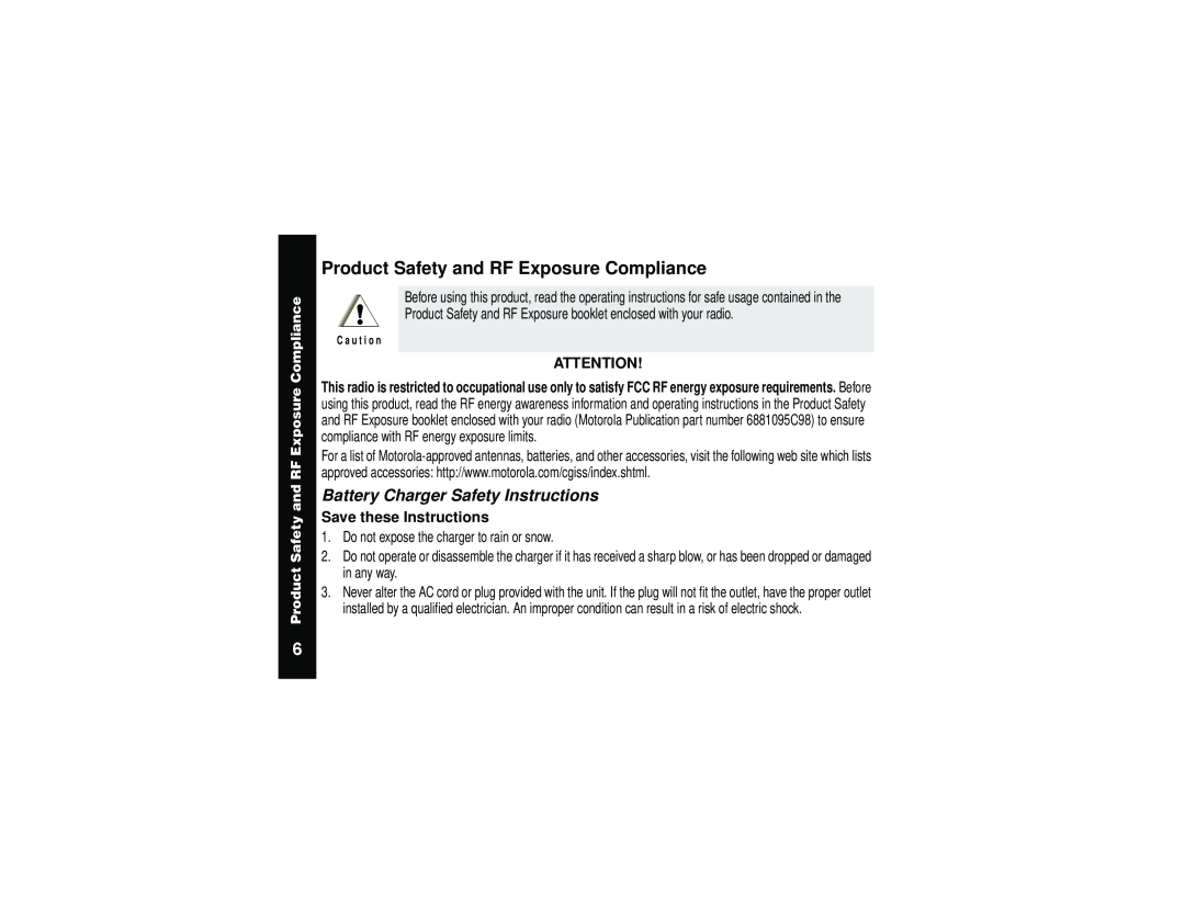 Motorola VL50 manual Product Safety and RF Exposure Compliance, Battery Charger Safety Instructions 