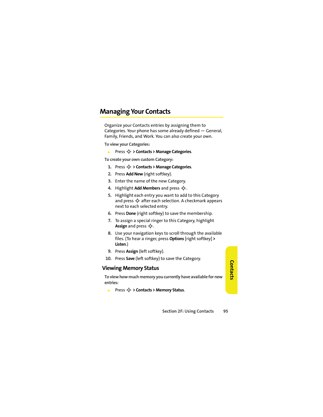 Motorola VM9 Managing Your Contacts, Viewing Memory Status, To view your Categories, To create your own custom Category 