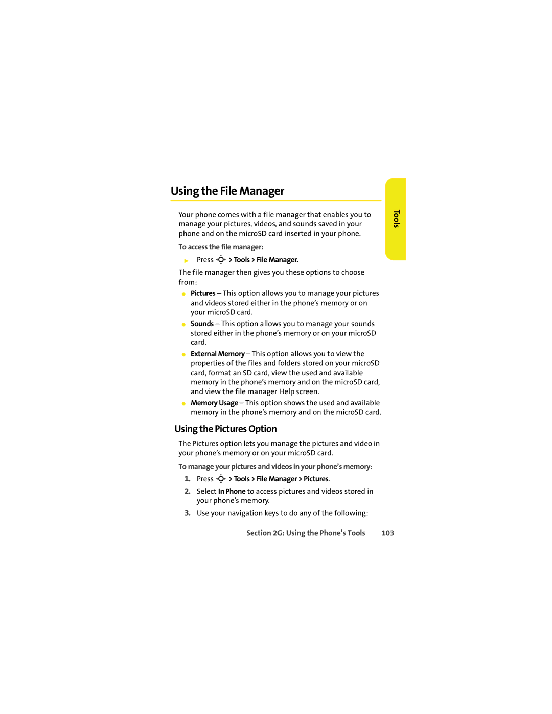 Motorola VM9 manual Using the File Manager, Using the Pictures Option, To access the file manager, 103 