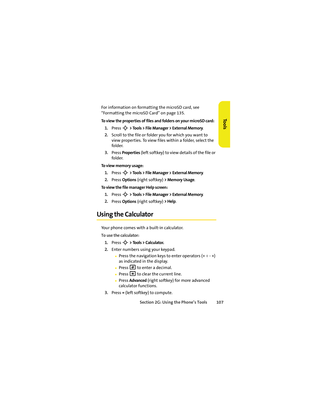 Motorola VM9 manual Using the Calculator, Press S Tools File Manager External Memory, To use the calculator, 107 