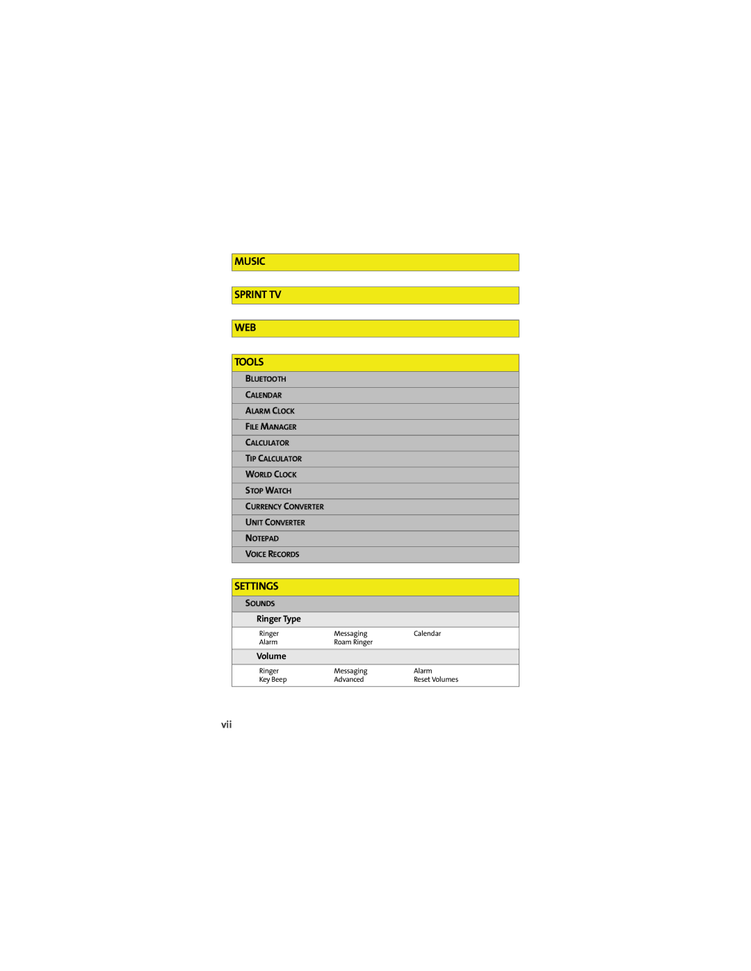 Motorola VM9 manual Music Sprint TV WEB Tools, Vii 