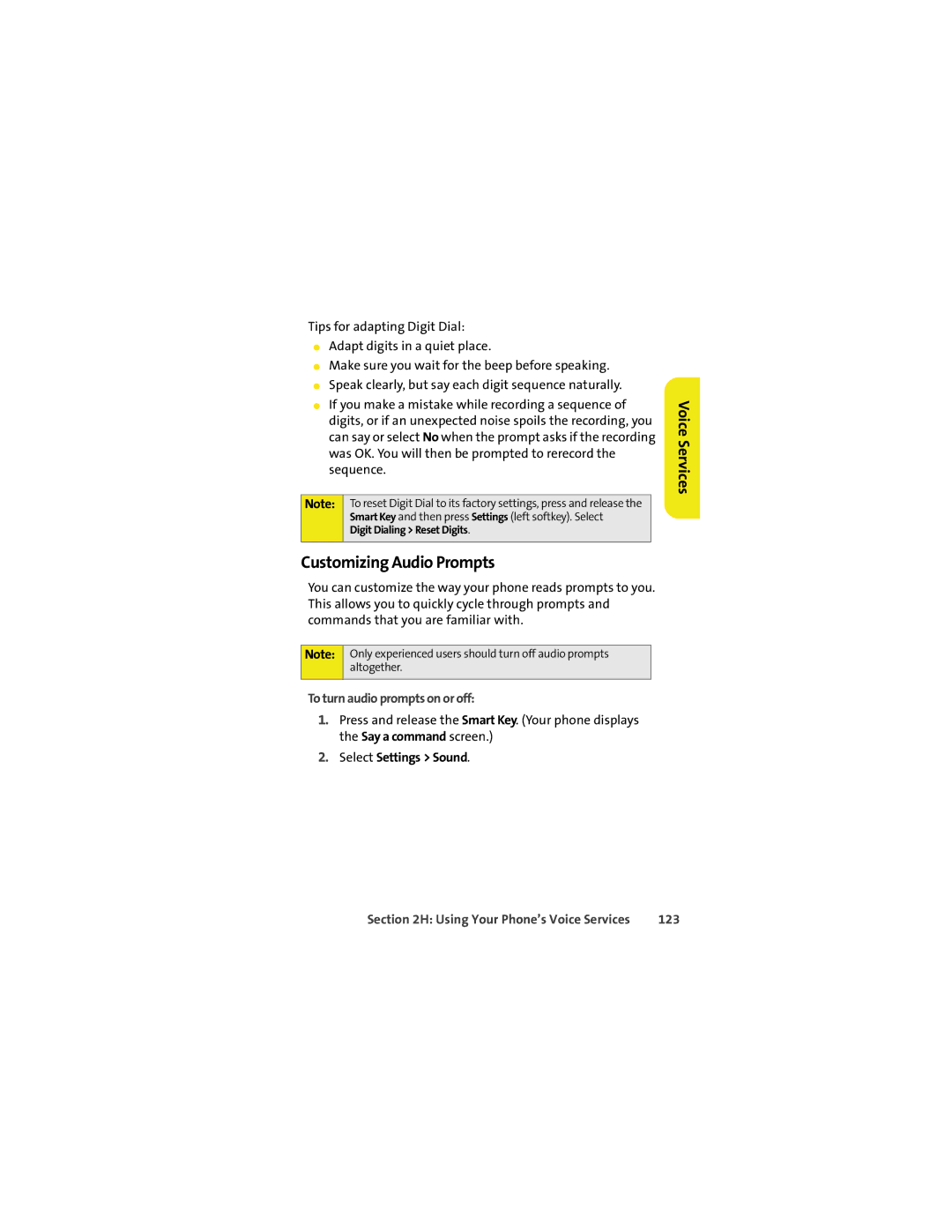 Motorola VM9 manual Customizing Audio Prompts, To turn audio prompts on or off, Select Settings Sound, 123 