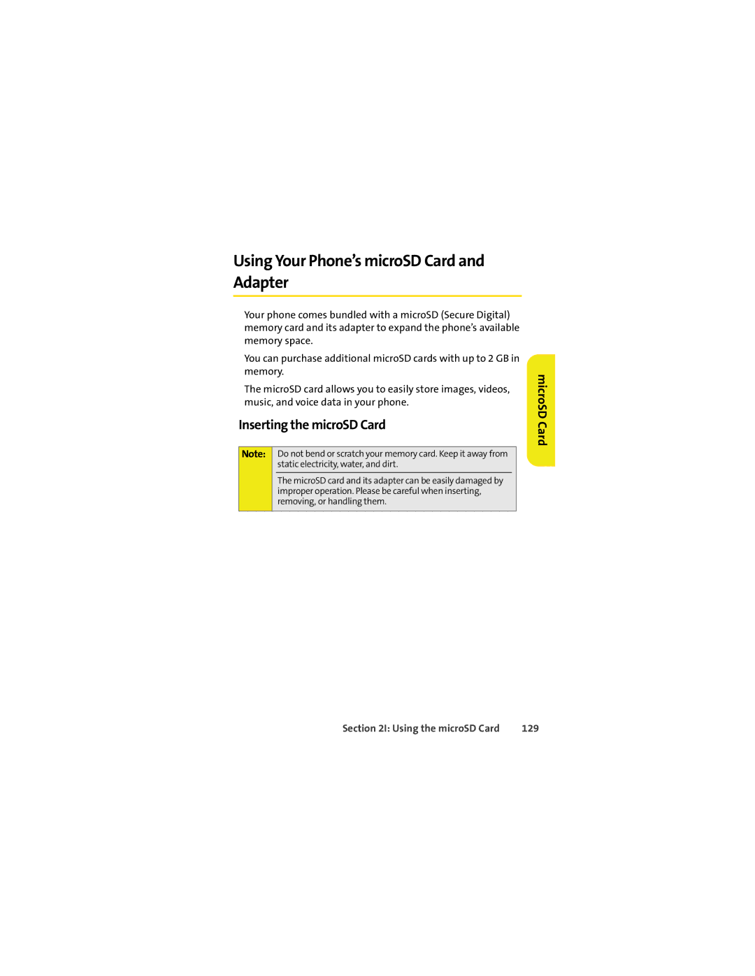 Motorola VM9 manual Using Your Phone’s microSD Card and Adapter, Inserting the microSD Card, MicroSD Card, 129 