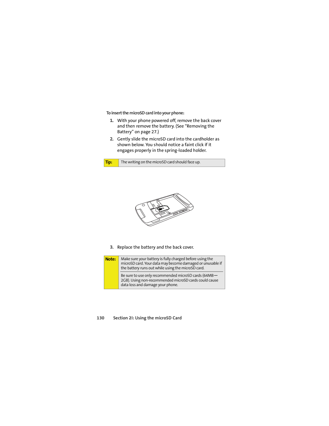 Motorola VM9 manual To insert the microSD card into your phone, Replace the battery and the back cover 