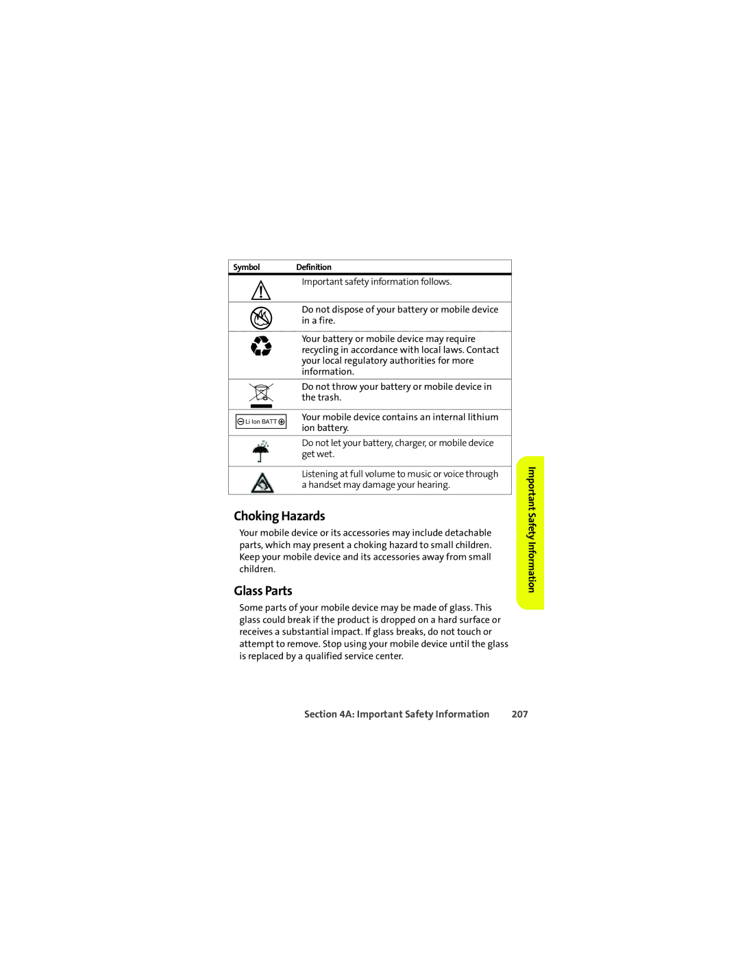 Motorola VM9 manual Choking Hazards, Glass Parts, 207 