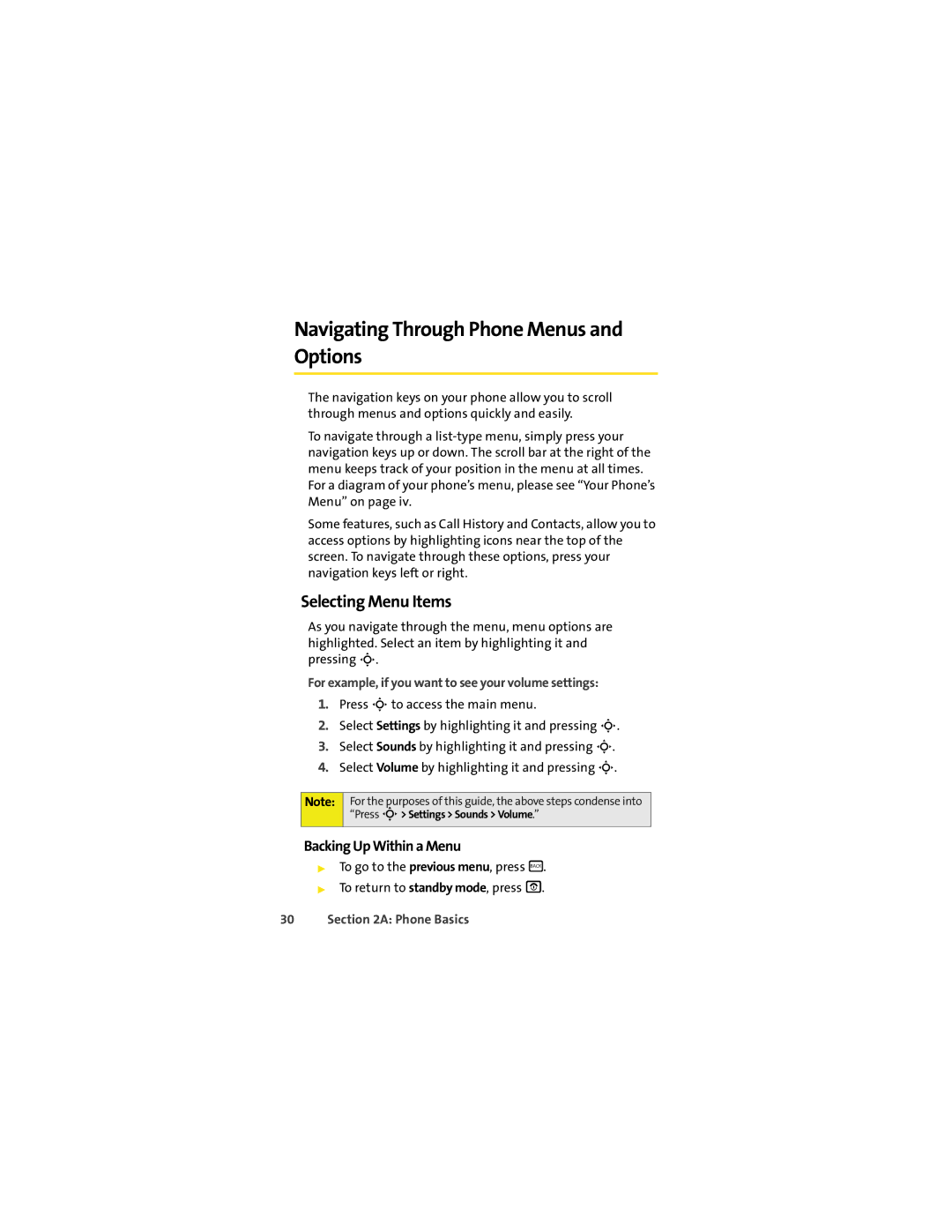 Motorola VM9 manual Navigating Through Phone Menus and Options, Selecting Menu Items, Backing Up Within a Menu 