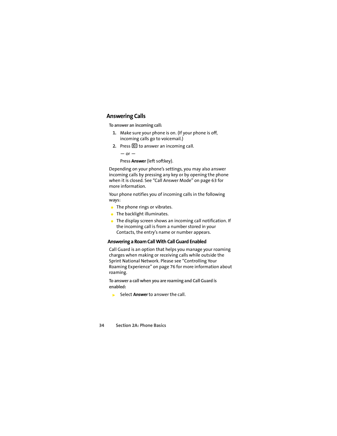 Motorola VM9 manual Answering Calls, Answering a Roam Call With Call Guard Enabled, To answer an incoming call 