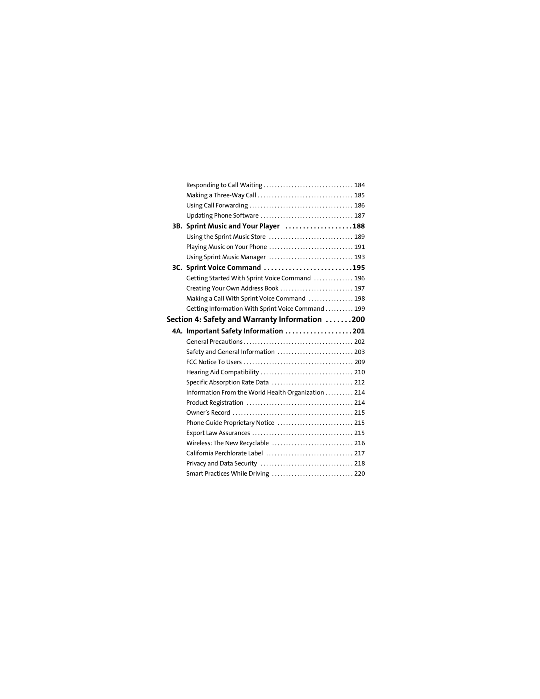 Motorola VM9 manual 188, 3C. Sprint Voice Command, 4A. Important Safety Information 