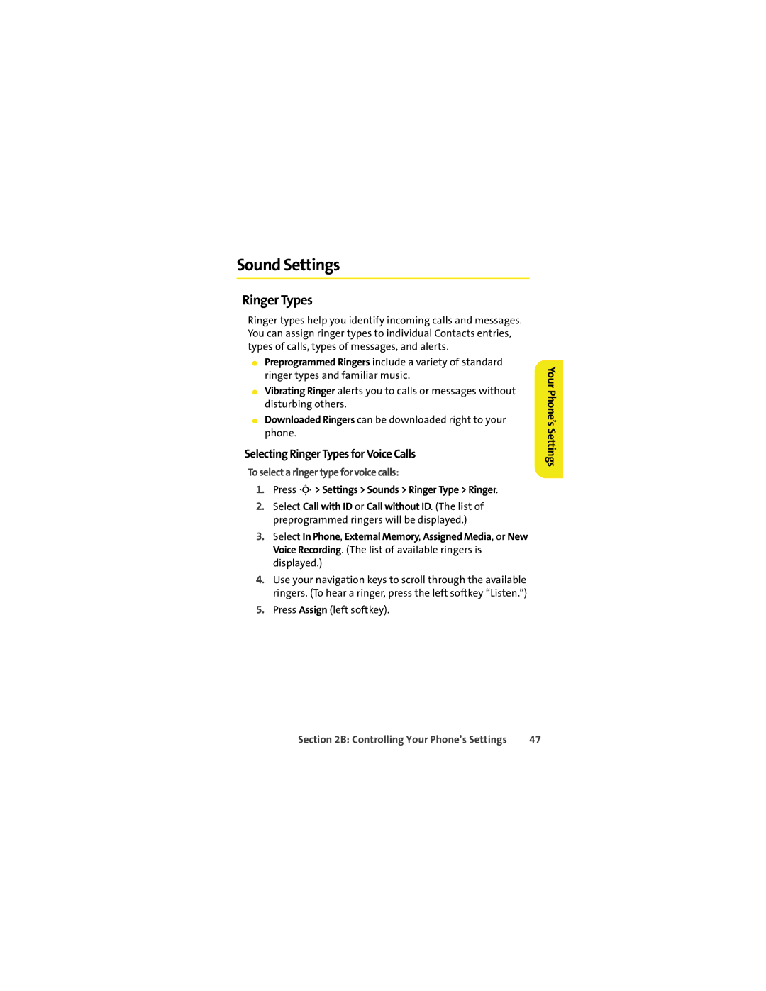 Motorola VM9 manual Sound Settings, Selecting Ringer Types for Voice Calls, To select a ringer type for voice calls 