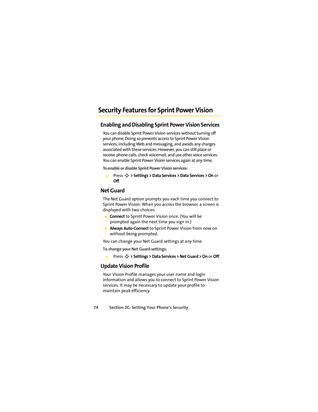 Motorola VM9 manual Net Guard, Update Vision Profile, Enabling and Disabling Sprint Power Vision Services 