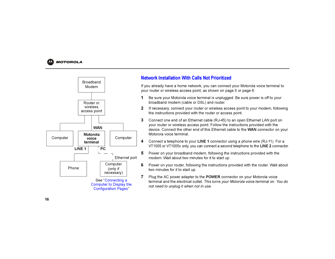 Motorola VT1000 Network Installation With Calls Not Prioritized, See Connecting a Computer to Display Configuration Pages 