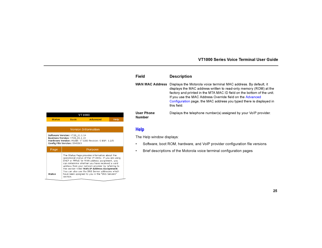 Motorola warranty Help, VT1000 Series Voice Terminal User Guide FieldDescription 