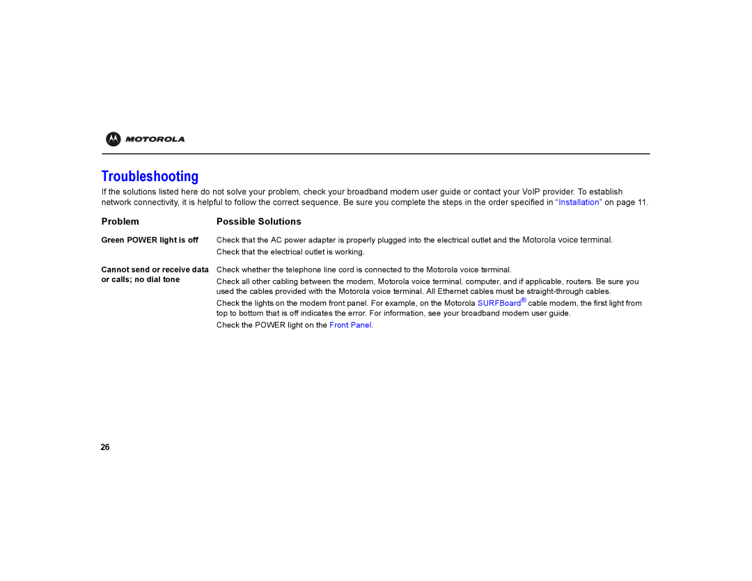 Motorola VT1000 warranty Troubleshooting, Problem Possible Solutions 