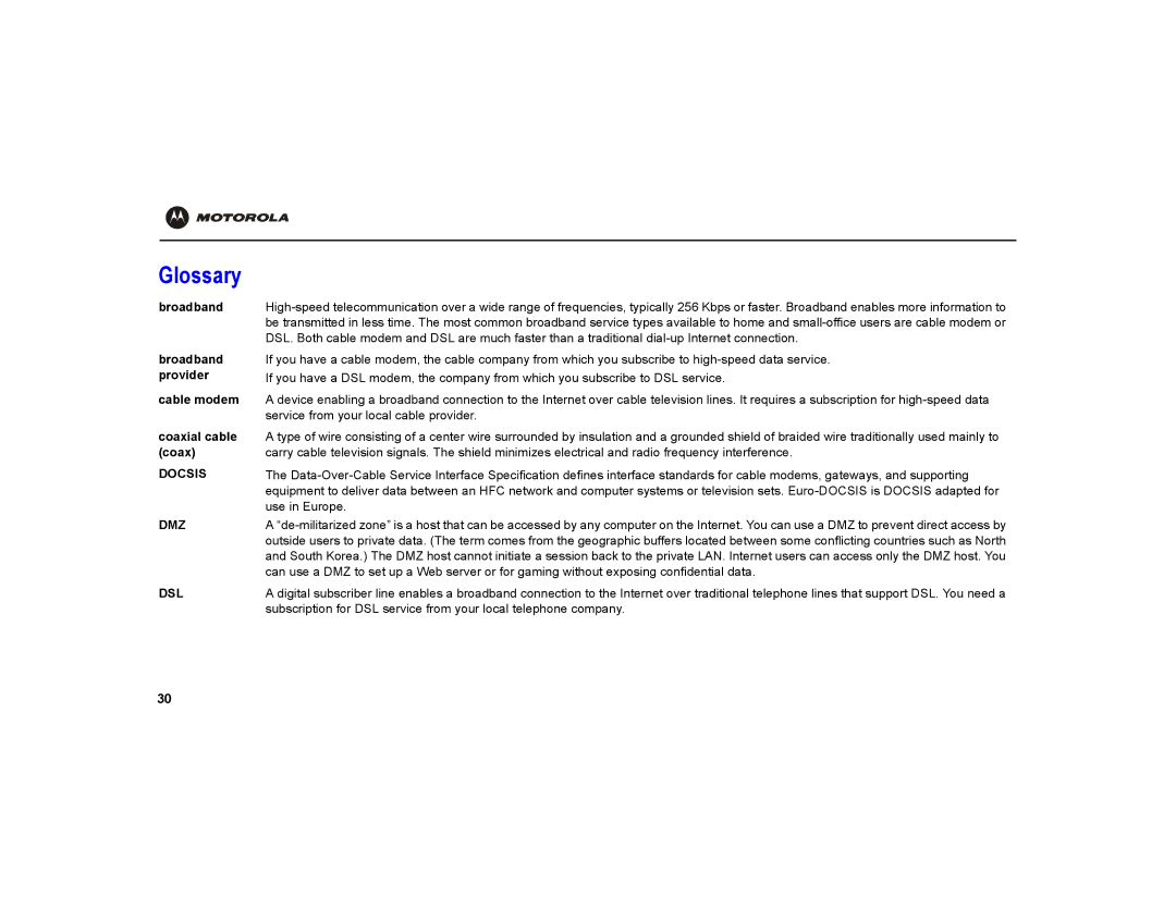 Motorola VT1000 warranty Glossary, Broadband provider Cable modem, Coaxial cable 