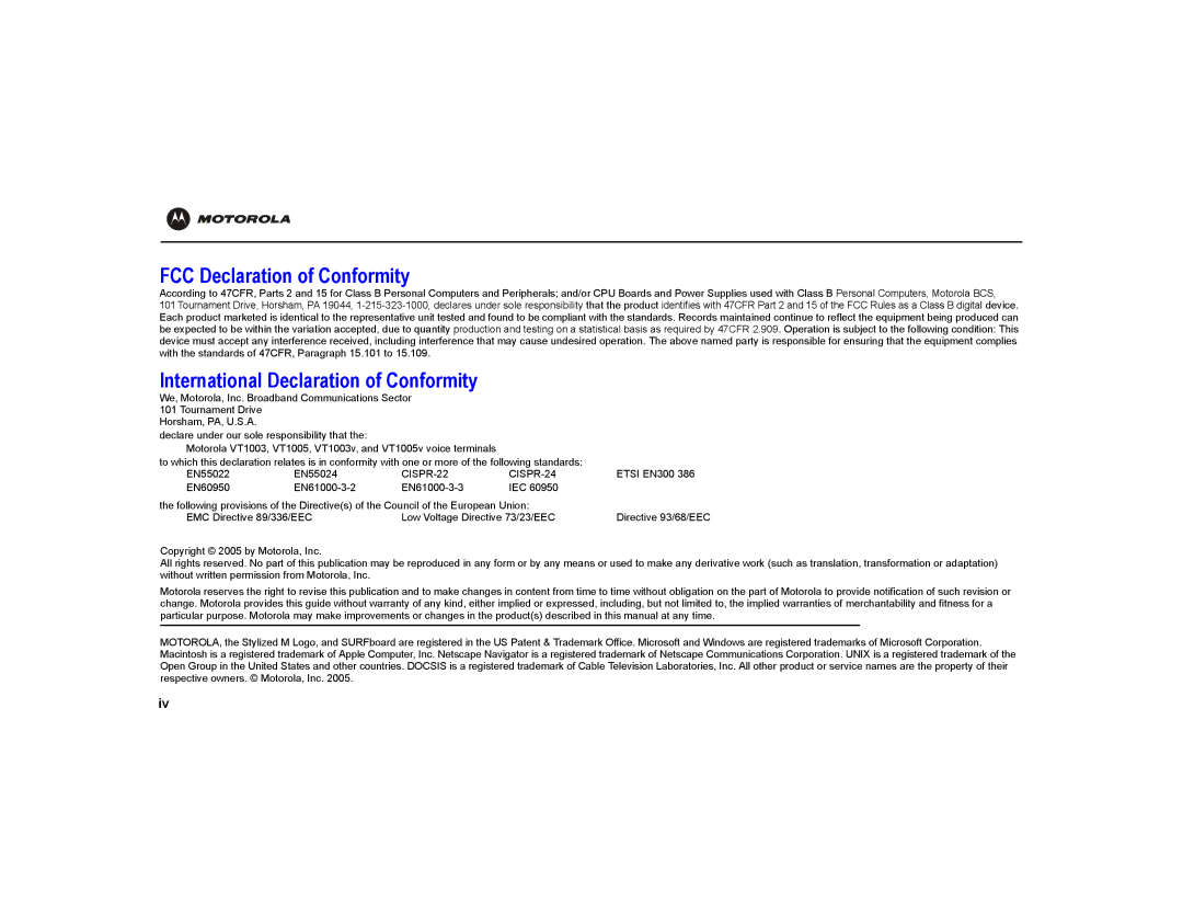 Motorola VT1000 warranty FCC Declaration of Conformity 