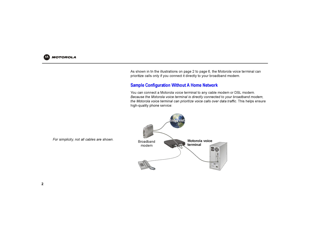 Motorola VT1000 warranty Sample Configuration Without a Home Network, For simplicity, not all cables are shown 