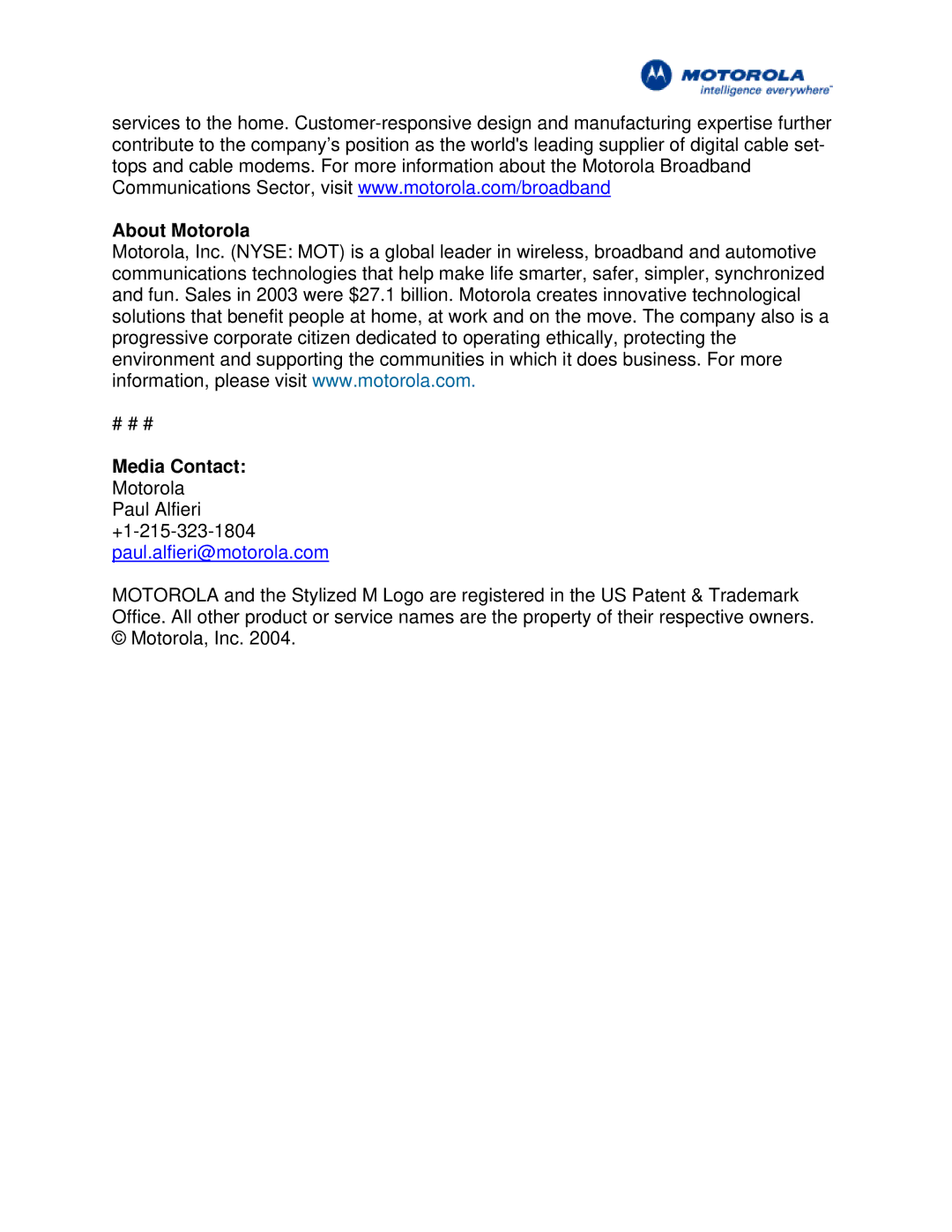 Motorola VT1000 manual About Motorola, Media Contact 