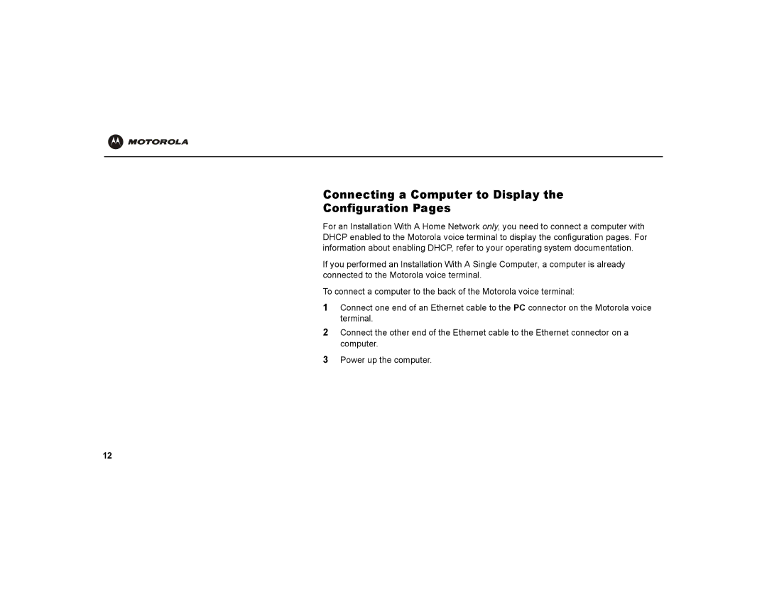 Motorola VT1000v warranty Connecting a Computer to Display Configuration Pages 