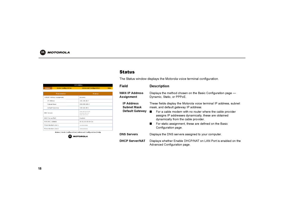 Motorola VT1000v warranty Status, Field Description 