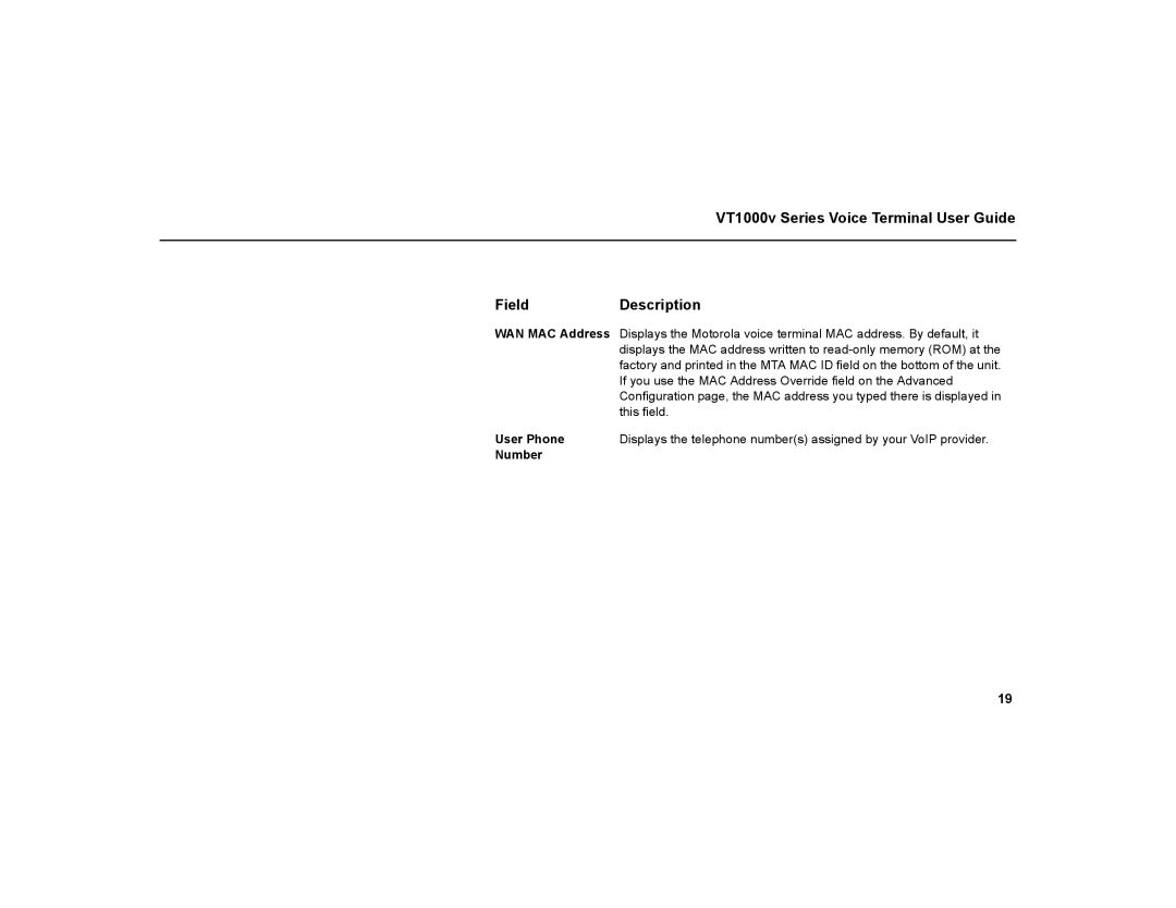 Motorola warranty VT1000v Series Voice Terminal User Guide FieldDescription 