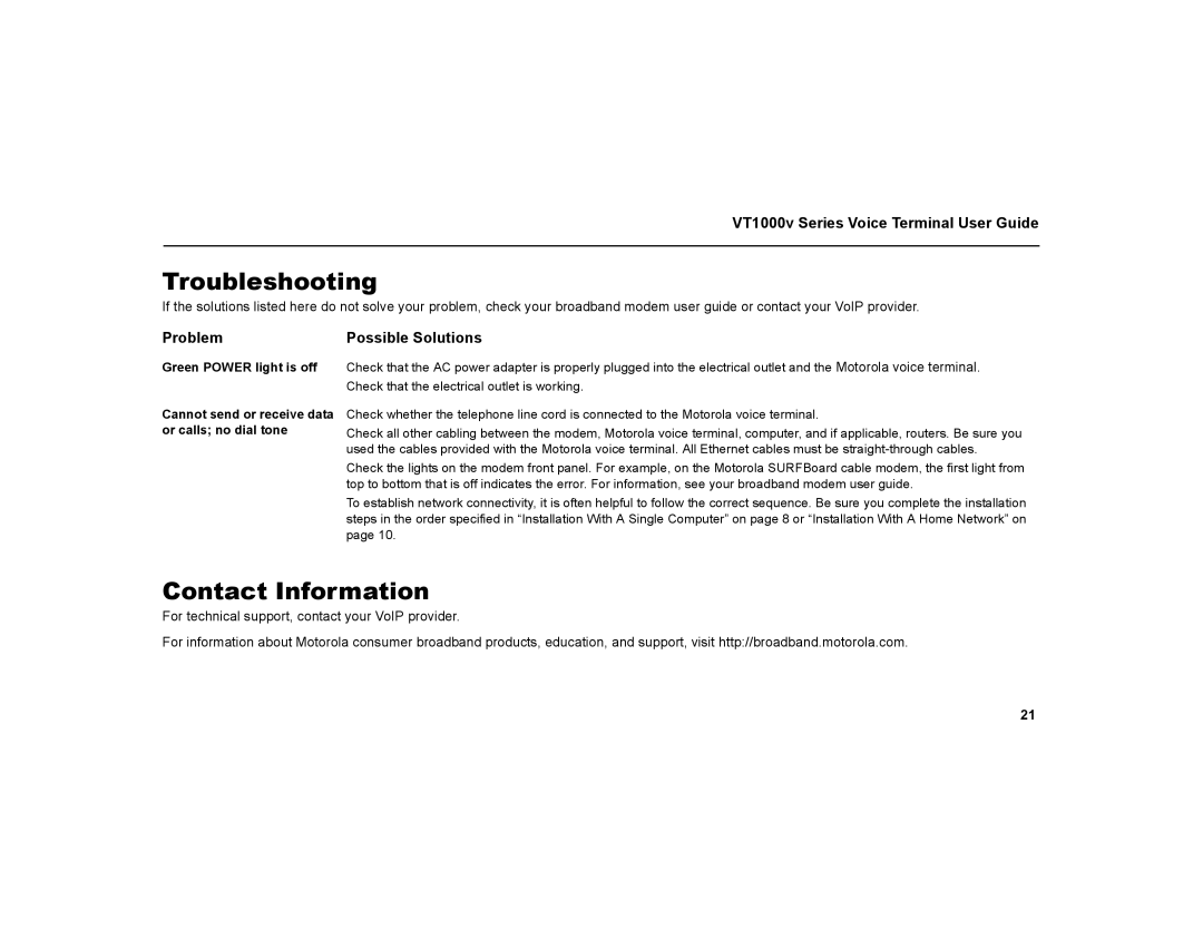 Motorola VT1000v warranty Troubleshooting, Contact Information, Problem Possible Solutions 