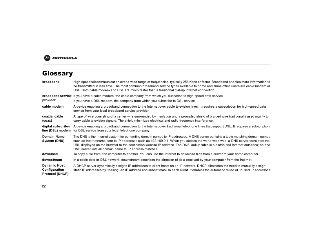 Motorola VT1000v warranty Glossary, Broadband 