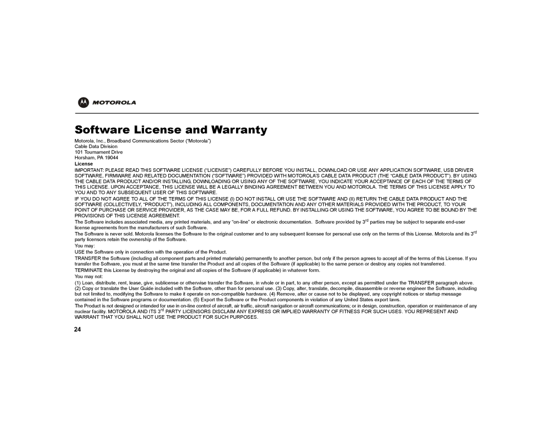 Motorola VT1000v warranty Software License and Warranty 