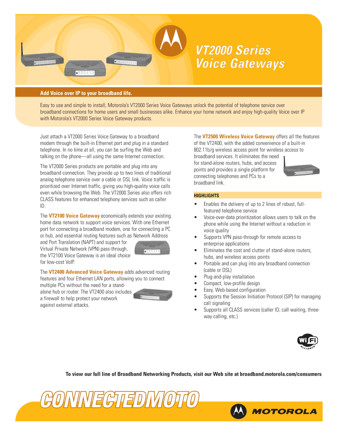 Motorola VT2000 manual Voice Gateways, Add Voice over IP to your broadband life 