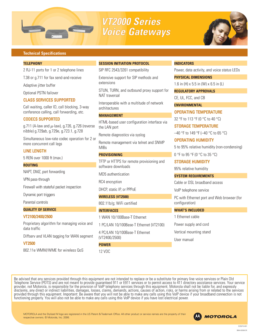 Motorola manual VT2000 Series Voice Gateways, Technical Specifications 