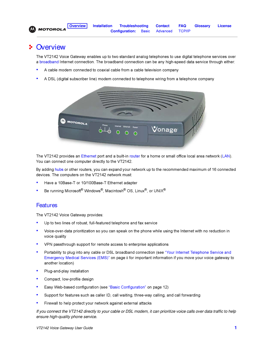 Motorola VT2142 manual Overview, Features 