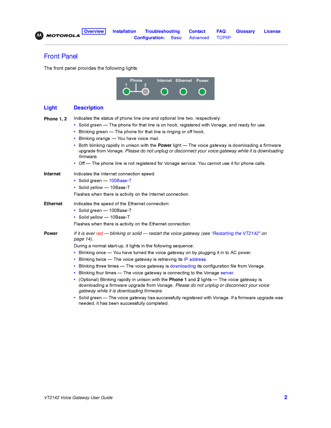 Motorola VT2142 manual Front Panel, Light, Description, Phone 1 