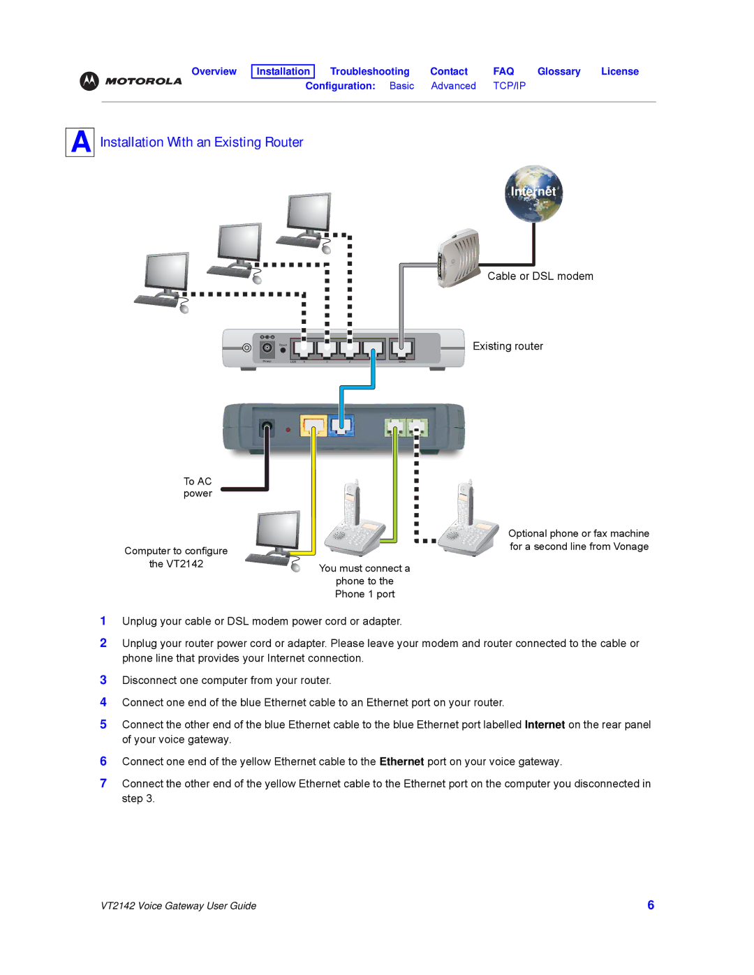 Motorola VT2142 manual Installation With an Existing Router, Internet 