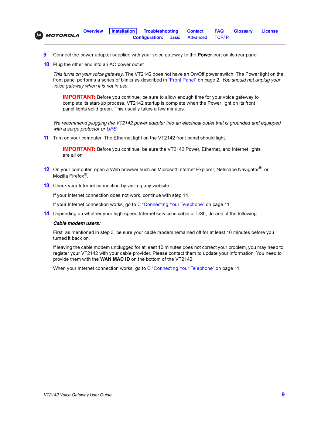 Motorola VT2142 manual Cable modem users 