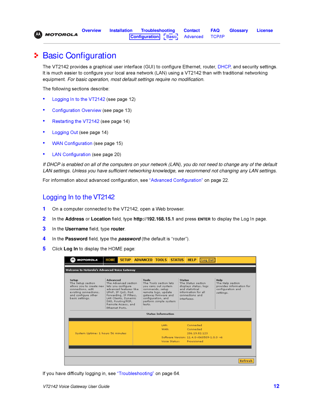 Motorola manual Basic Configuration, Logging In to the VT2142 