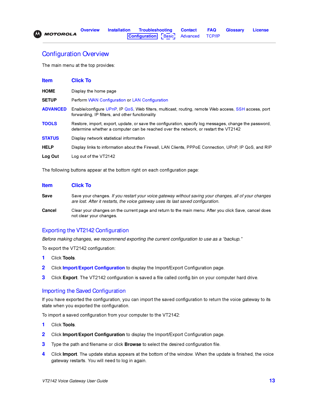 Motorola manual Configuration Overview, Exporting the VT2142 Configuration, Importing the Saved Configuration, Click To 