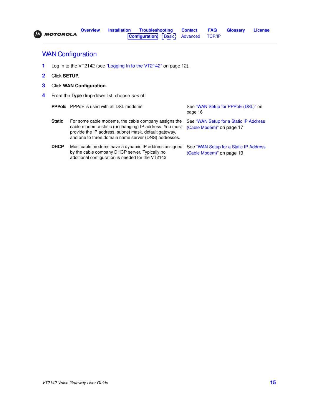 Motorola VT2142 manual Click WAN Configuration 