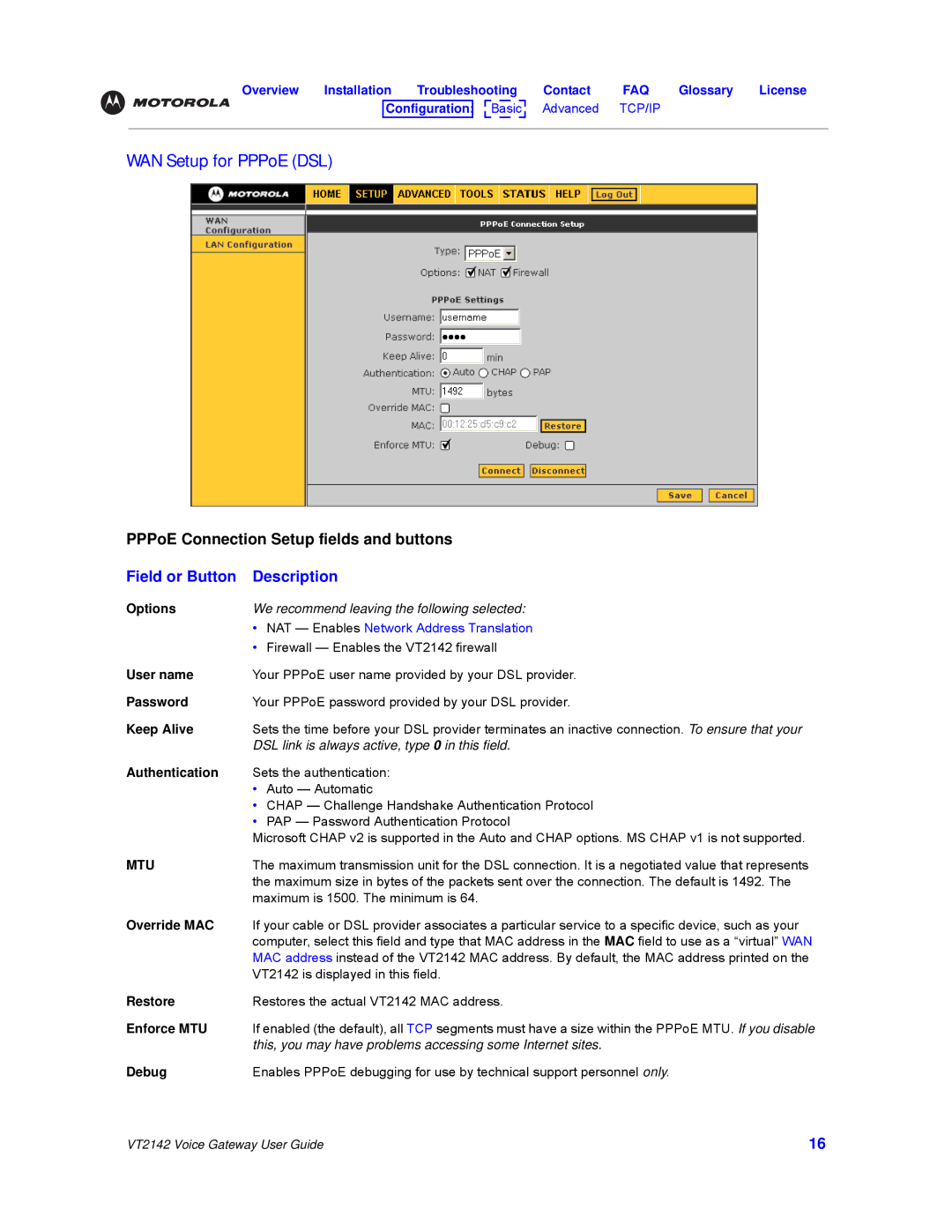 Motorola VT2142 manual WAN Setup for PPPoE DSL, Override MAC, Restore, Enforce MTU, Debug 