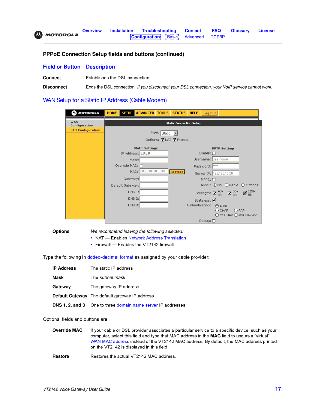 Motorola VT2142 manual WAN Setup for a Static IP Address Cable Modem, Field or Button Description 