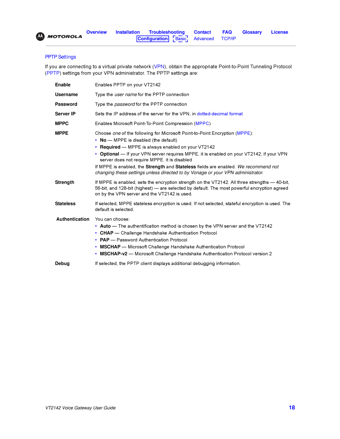 Motorola VT2142 manual Pptp Settings 