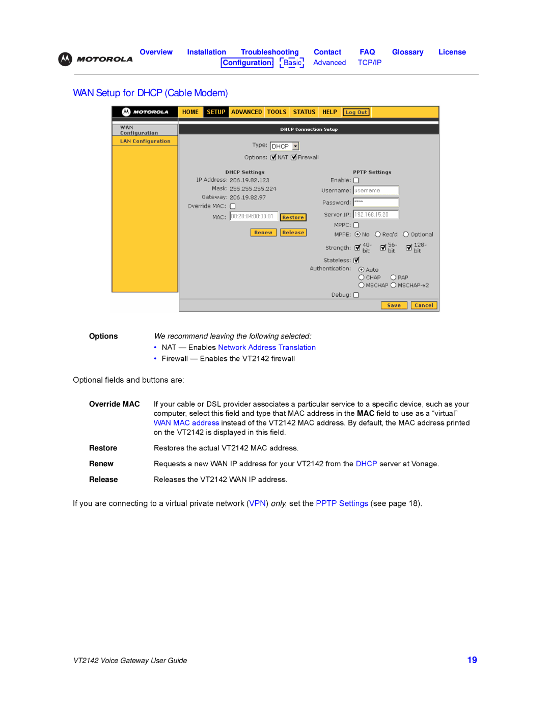 Motorola VT2142 manual WAN Setup for Dhcp Cable Modem, Renew, Release 