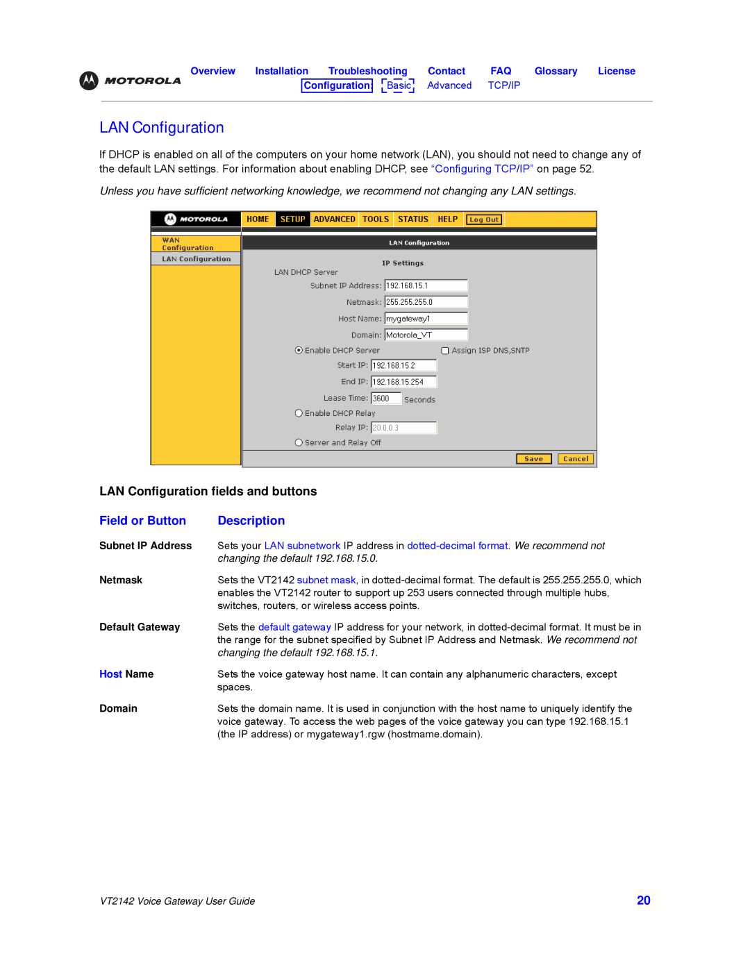 Motorola VT2142 manual LAN Configuration, Subnet IP Address, Netmask, Default Gateway, Domain 