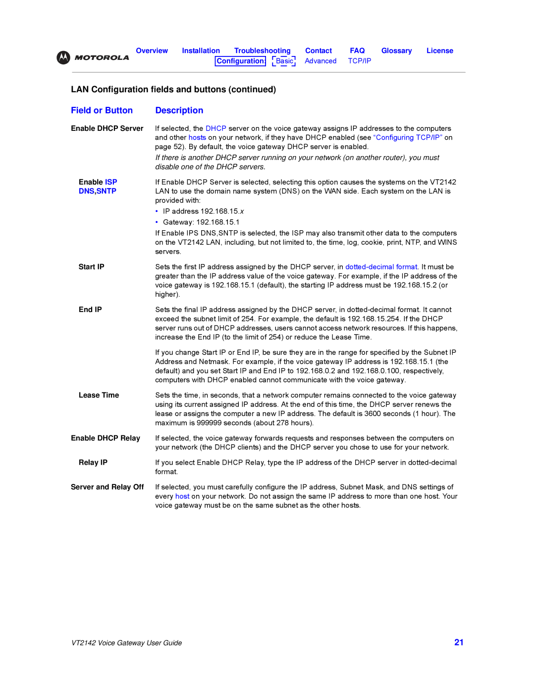 Motorola VT2142 manual Enable Dhcp Server, Enable ISP, Start IP, End IP, Lease Time, Enable Dhcp Relay, Relay IP 