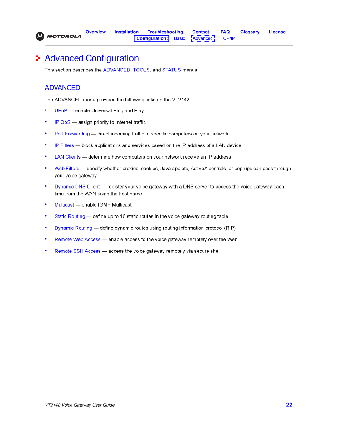 Motorola VT2142 manual Advanced Configuration 