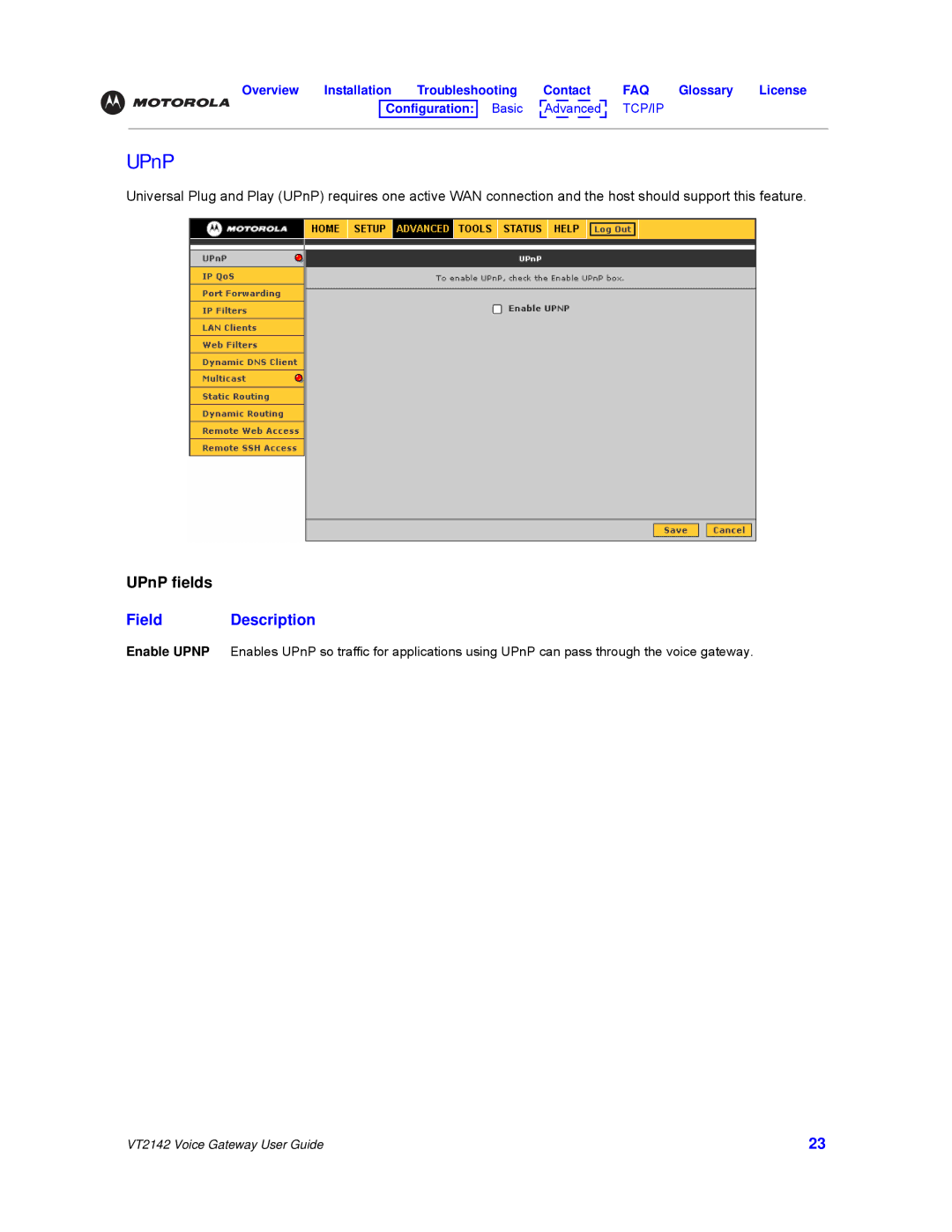 Motorola VT2142 manual UPnP, Field Description 