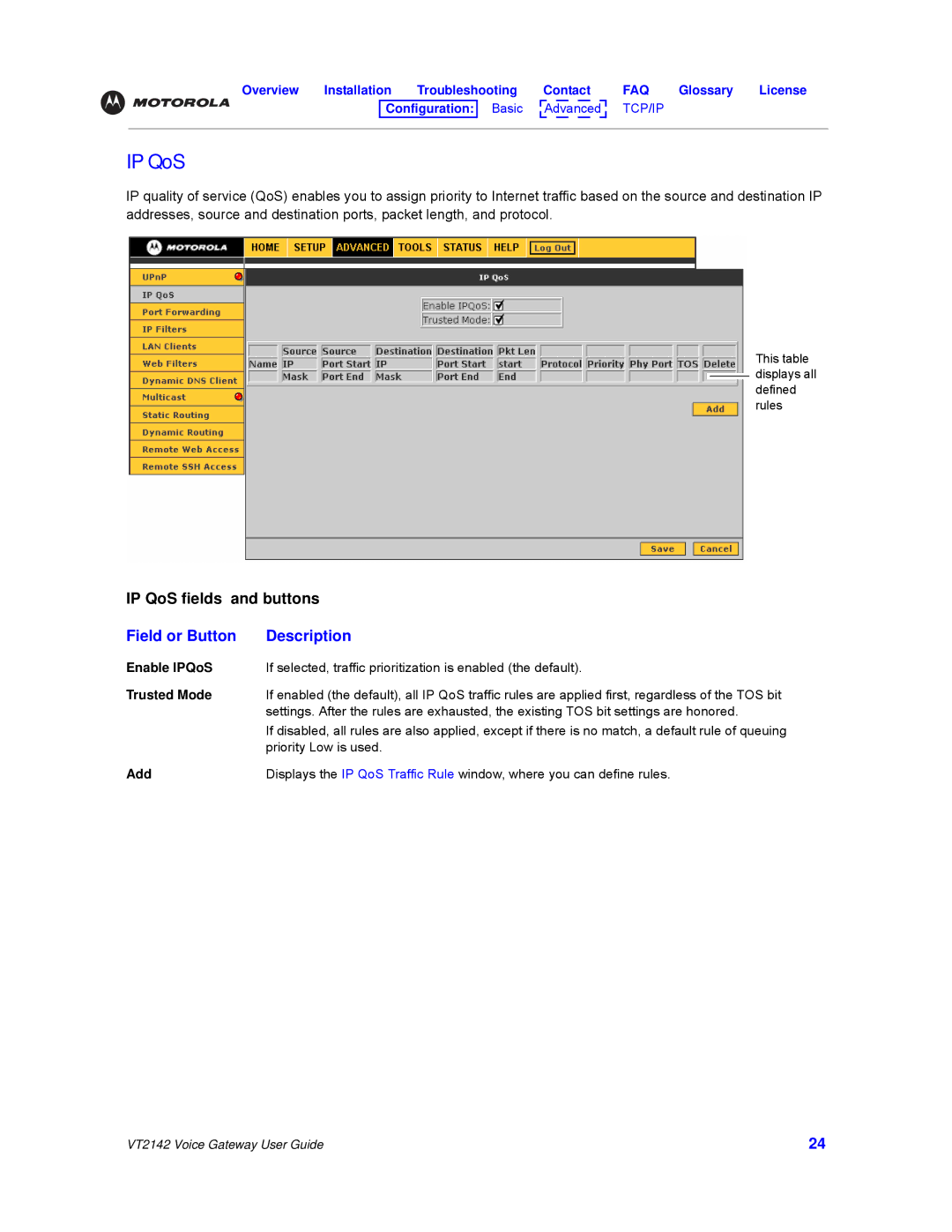 Motorola VT2142 manual IP QoS, Enable IPQoS, Trusted Mode, Add 