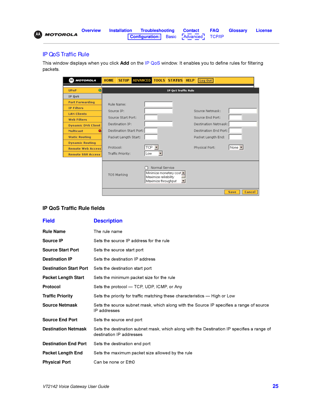 Motorola VT2142 manual IP QoS Traffic Rule 