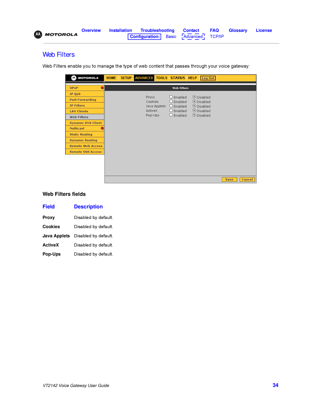 Motorola VT2142 manual Web Filters 