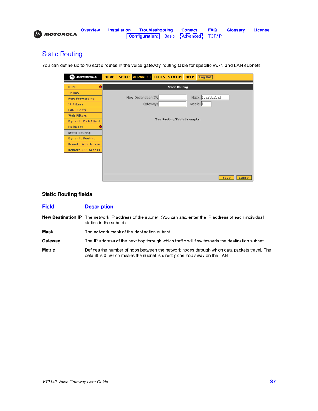 Motorola VT2142 manual Static Routing, Metric 